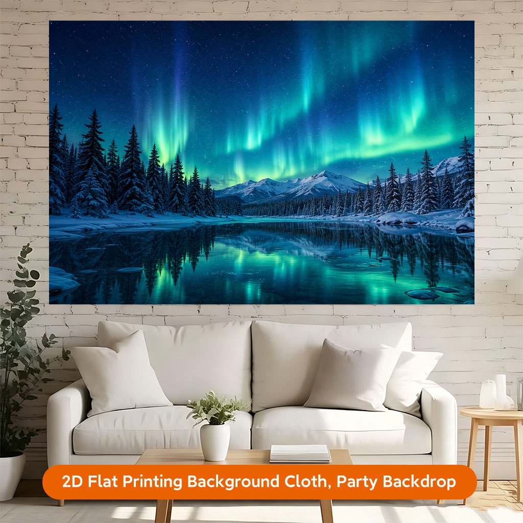 2D Flat Stunning Aurora Over Snowy Landscape Background Cloth Banner